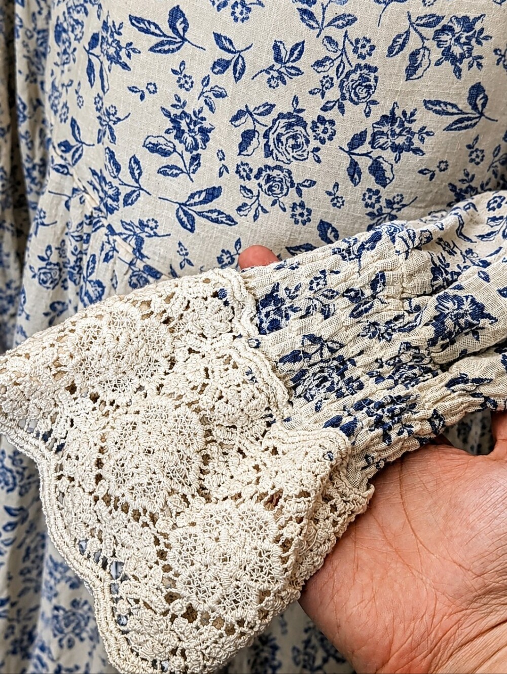 NWT Olivaceous Blue Floral Cotton Cottagecore Lace Midi Dress L - Picture 3 of 9